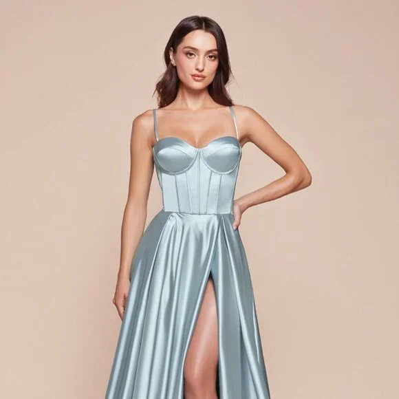 NEW A-LINE SLEEVELESS SATIN DRESS WITH ADJUSTABLE STRAPS AND LACE